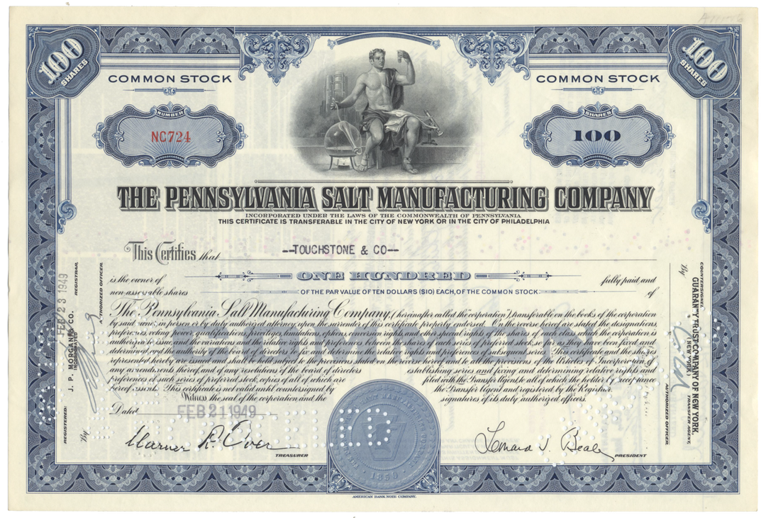 Pennsylvania Salt Manufacturing Company Stock Certificate