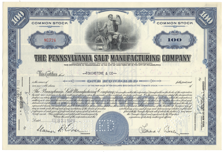 Pennsylvania Salt Manufacturing Company Stock Certificate