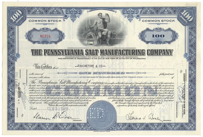 Pennsylvania Salt Manufacturing Company Stock Certificate