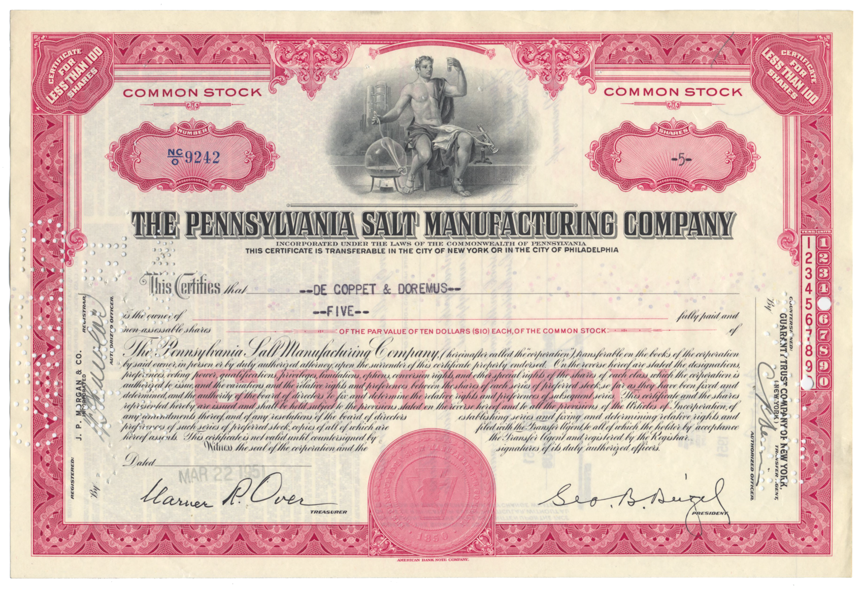 Pennsylvania Salt Manufacturing Company Stock Certificate