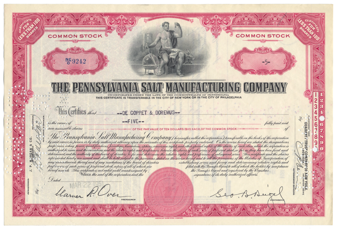 Pennsylvania Salt Manufacturing Company Stock Certificate