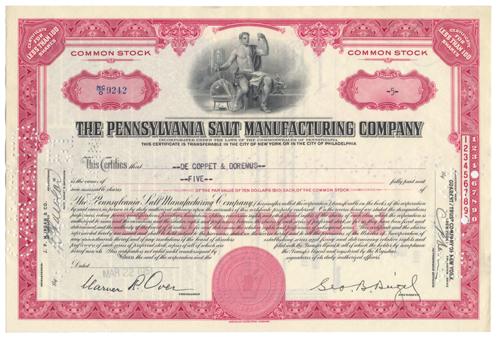 Pennsylvania Salt Manufacturing Company Stock Certificate