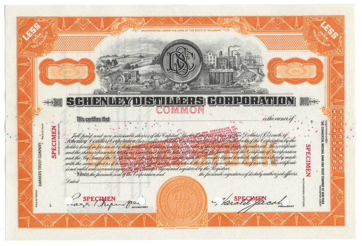 Schenley Distillers Corporation Specimen Stock Certificate