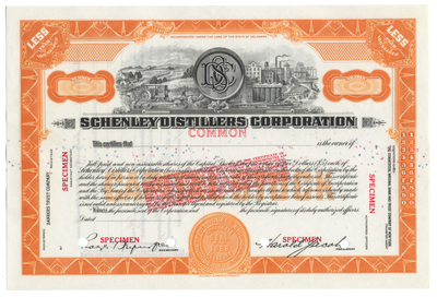 Schenley Distillers Corporation Specimen Stock Certificate