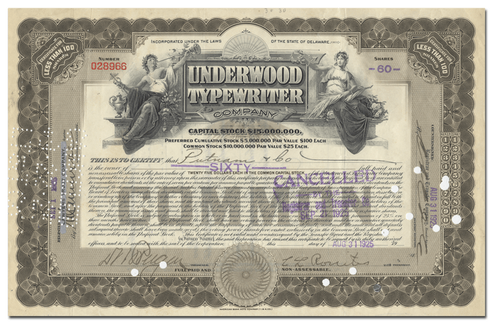 Underwood Typewriter Company Stock Certificate