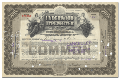 Underwood Typewriter Company Stock Certificate