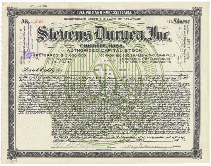 Stevens Duryea, Inc. Stock Certificate