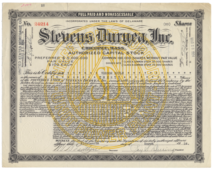 Stevens Duryea, Inc. Stock Certificate