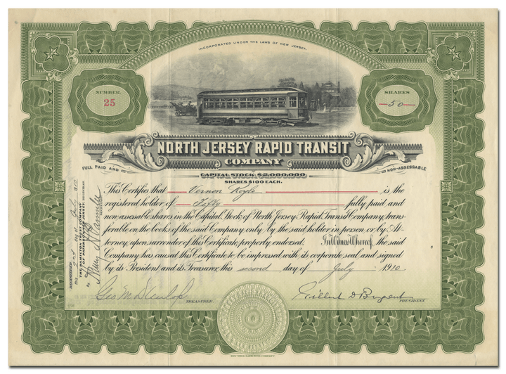 North Jersey Rapid Transit Company Stock Certificate