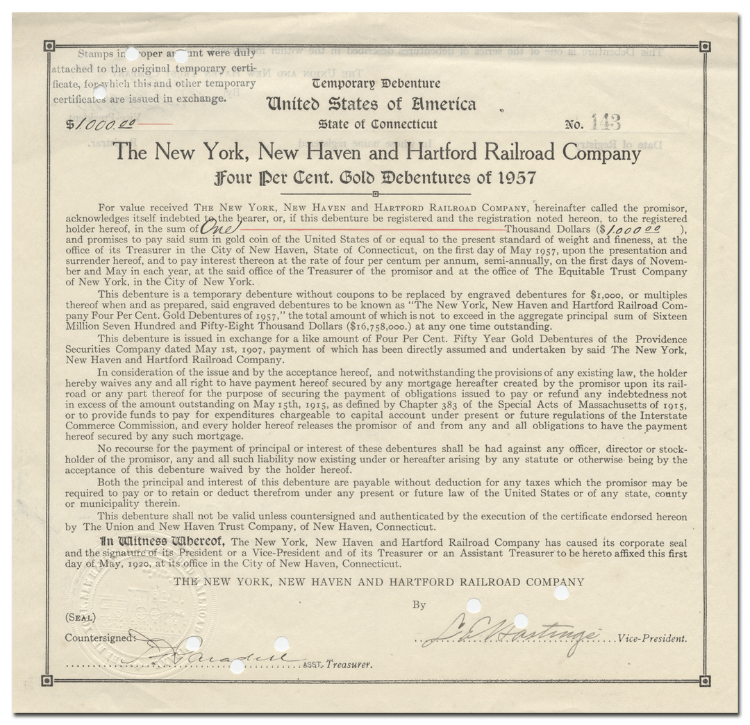 New York, New Haven and Hartford Railroad Company Bond Certificate