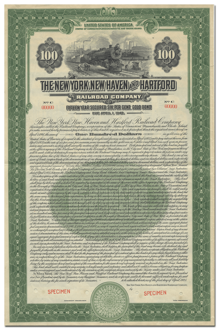 New York, New Haven and Hartford Railroad Company Specimen Bond Certificate