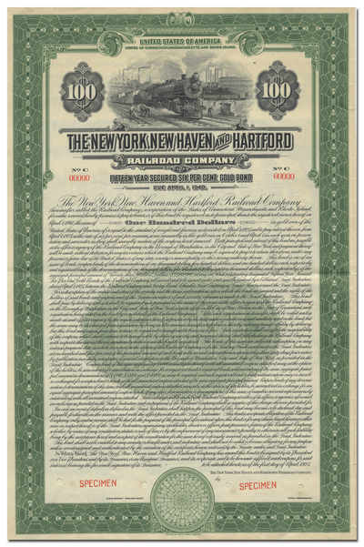 New York, New Haven and Hartford Railroad Company Specimen Bond Certificate