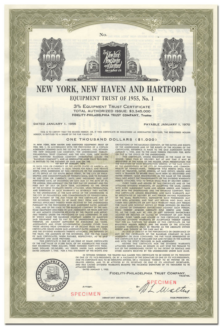 New York, New Haven and Hartford Railroad Company Bond Certificate