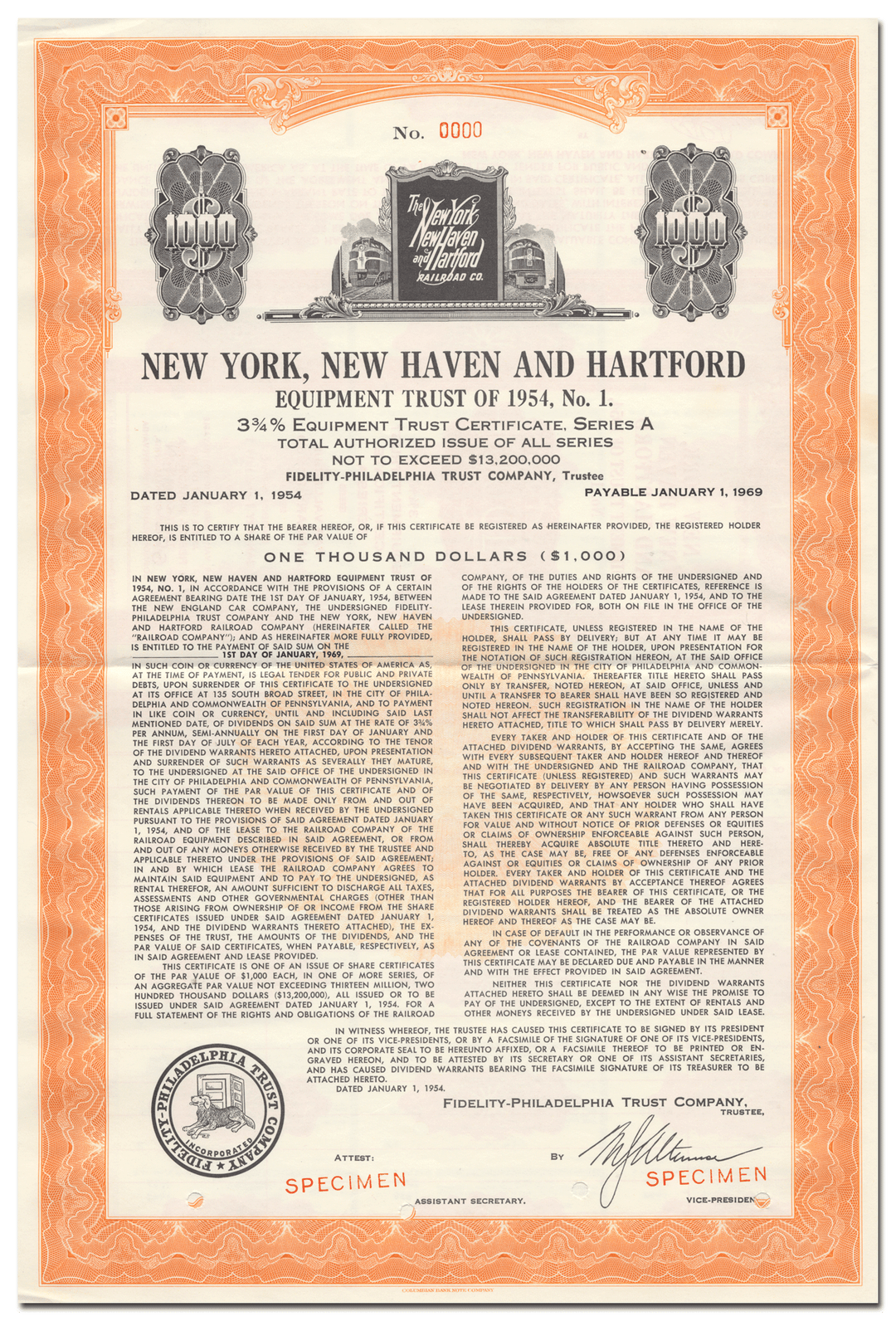 New York, New Haven and Hartford Railroad Company Bond Certificate