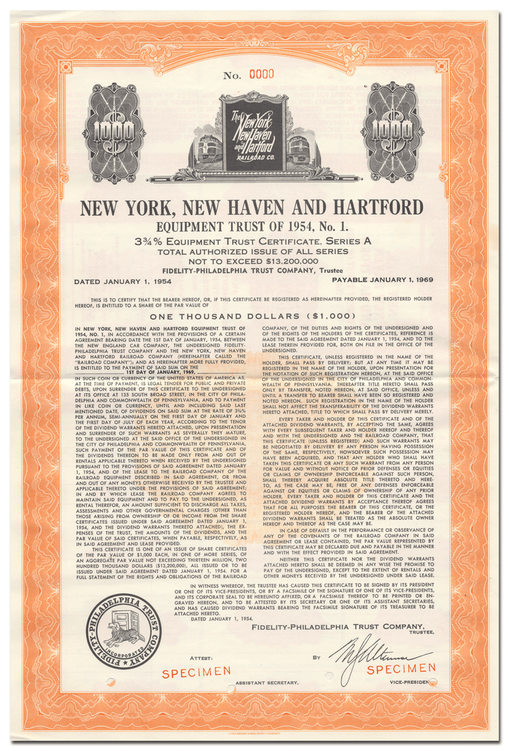 New York, New Haven and Hartford Railroad Company Bond Certificate