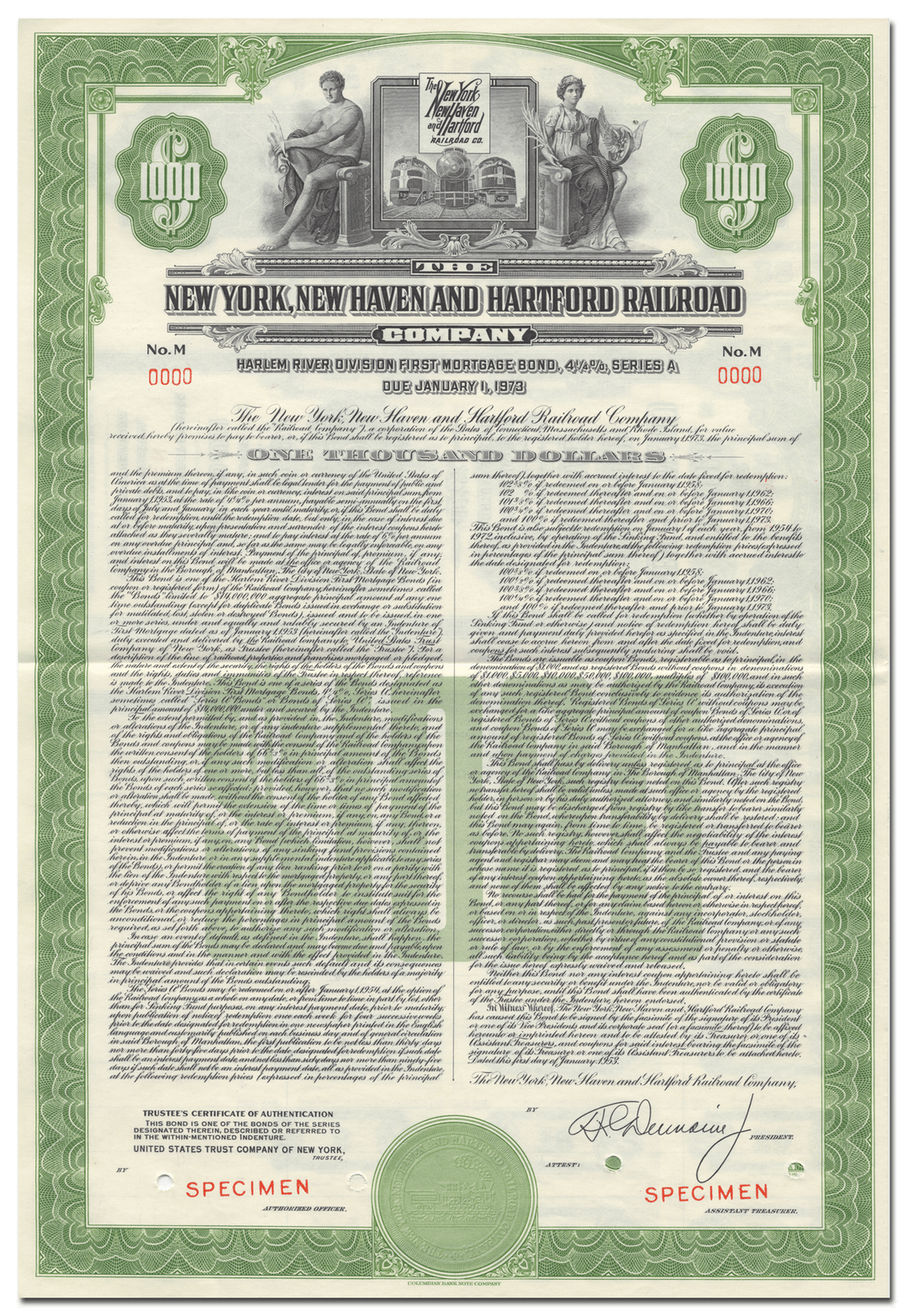 New York, New Haven and Hartford Railroad Company Specimen Bond Certificate