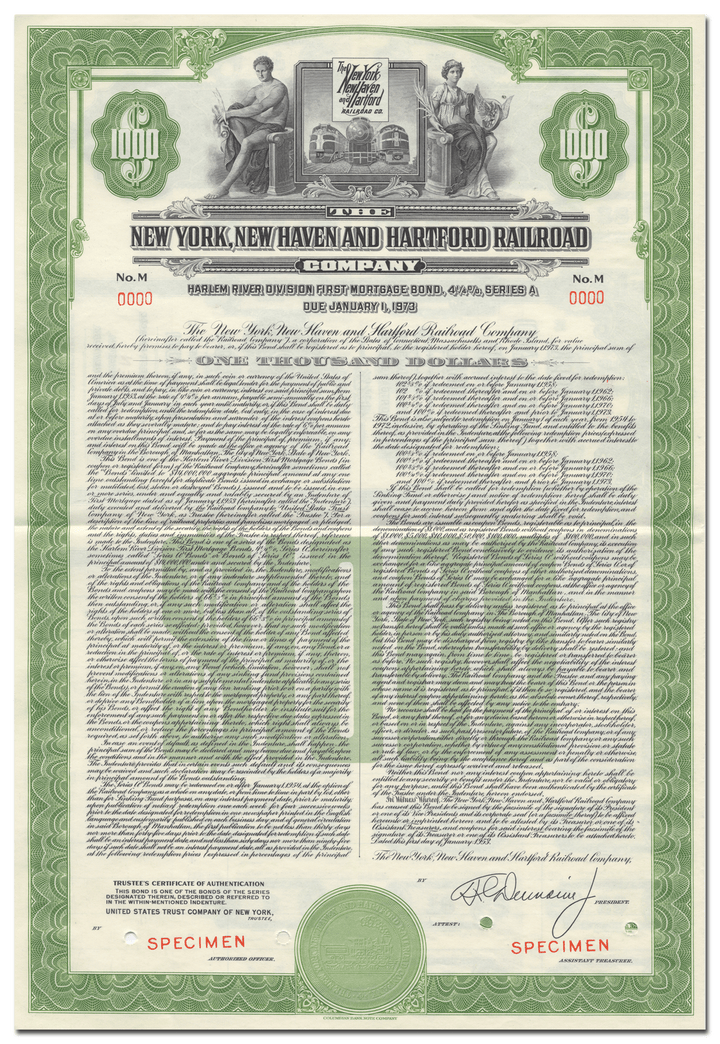 New York, New Haven and Hartford Railroad Company Specimen Bond Certificate