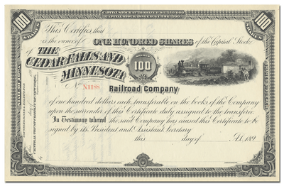 Cedar Falls and Minnesota Railroad Company Stock Certificate