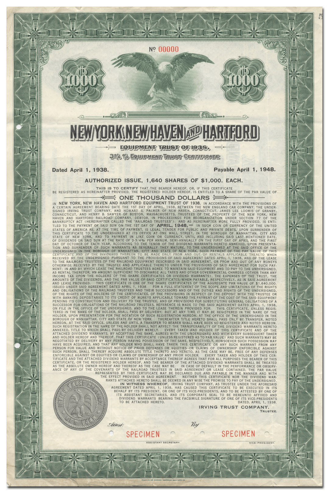 New York, New Haven and Hartford Railroad Company Bond Certificate