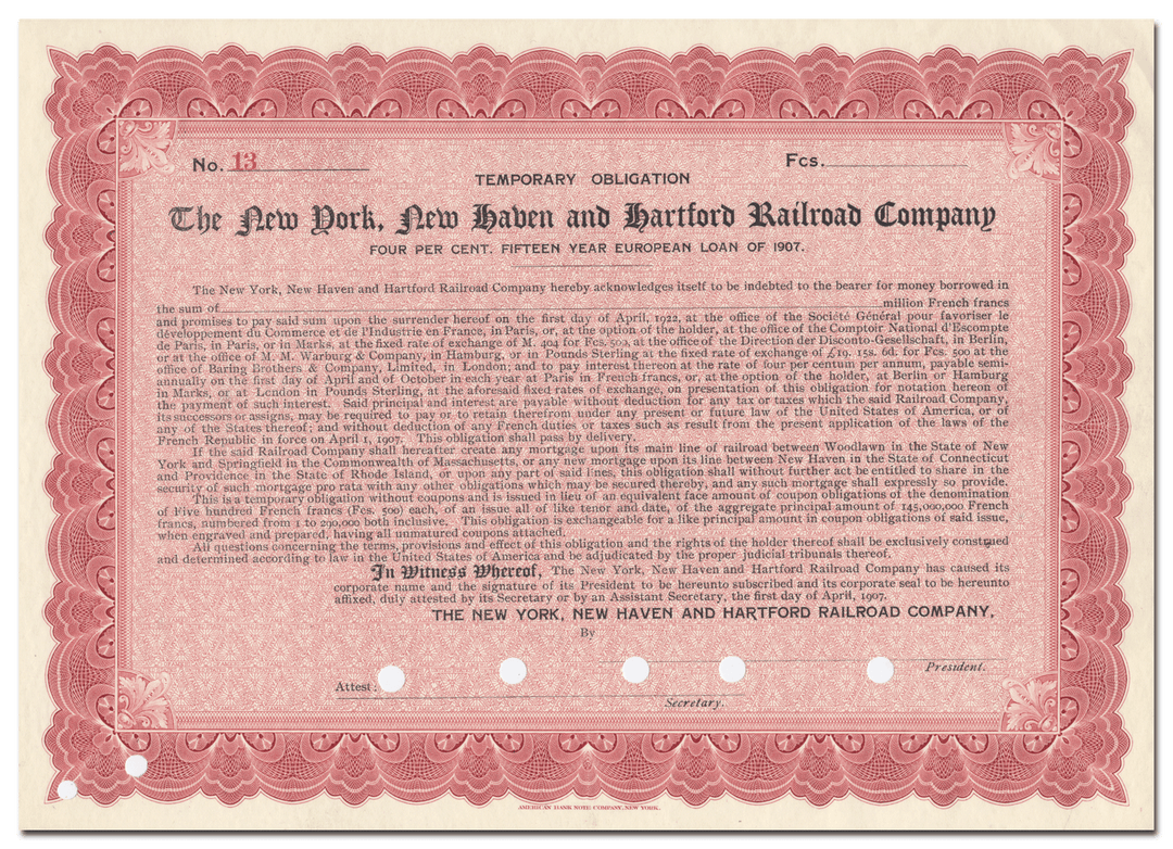 New York, New Haven and Hartford Railroad Company Bond Certificate