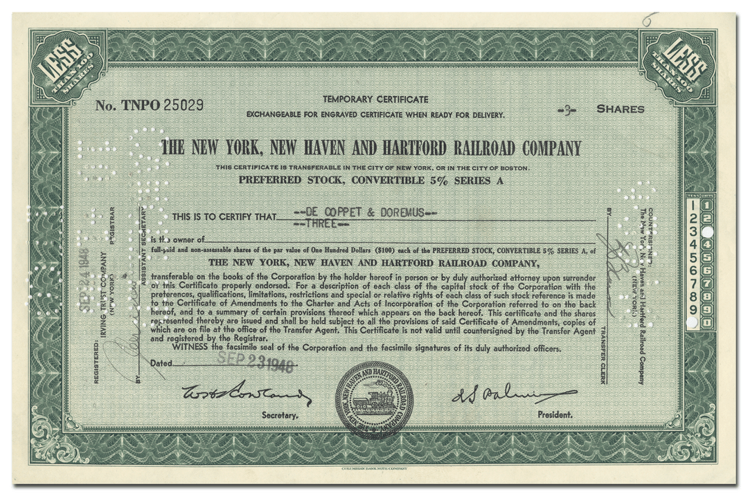 New York, New Haven and Hartford Railroad Company Stock Certificate