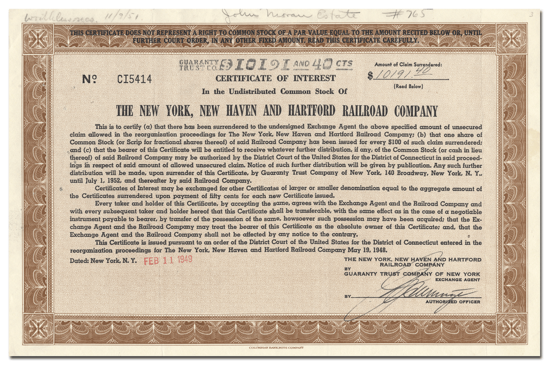 New York, New Haven and Hartford Railroad Company Stock Certificate