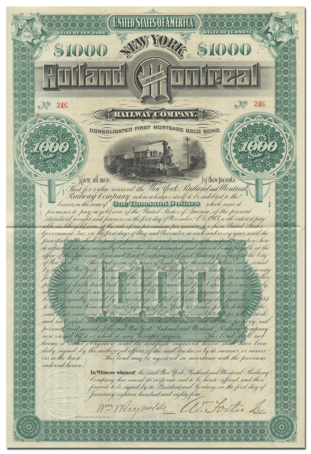 New York, Rutland and Montreal Railway Company Bond Certificate