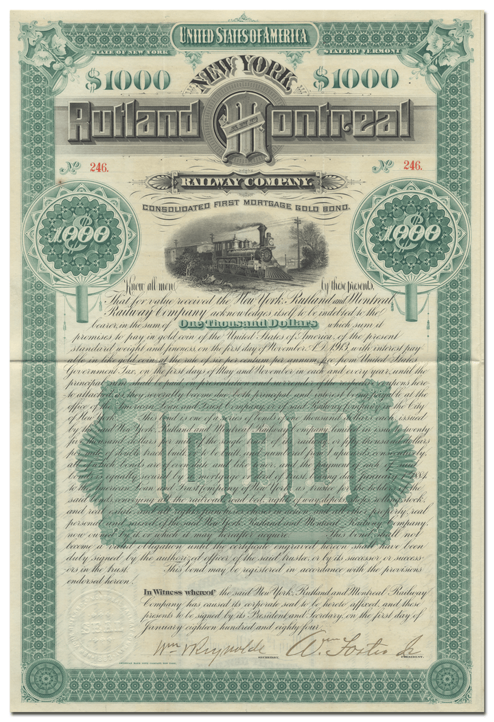 New York, Rutland and Montreal Railway Company Bond Certificate