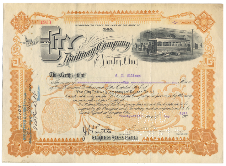 City Railway Company of Dayton, Ohio Stock Certificate