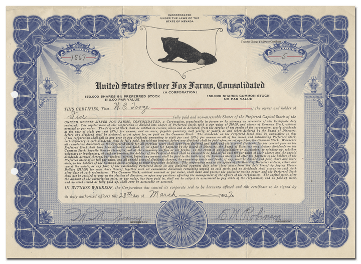 United States Silver Fox Farms, Consolidated Stock Certificate