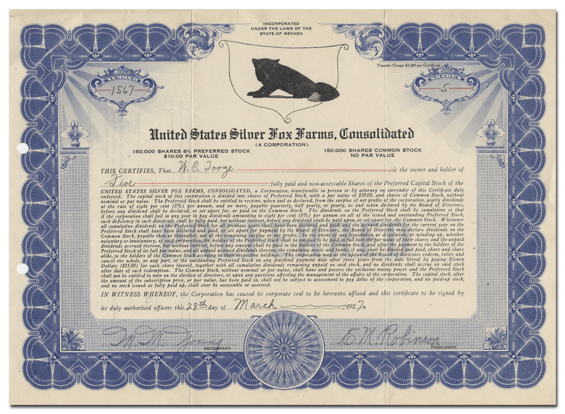 United States Silver Fox Farms, Consolidated Stock Certificate