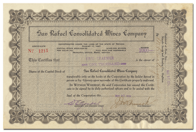 San Rafael Consolidated Mines Company Stock Certificate