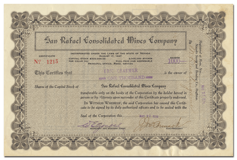 San Rafael Consolidated Mines Company Stock Certificate