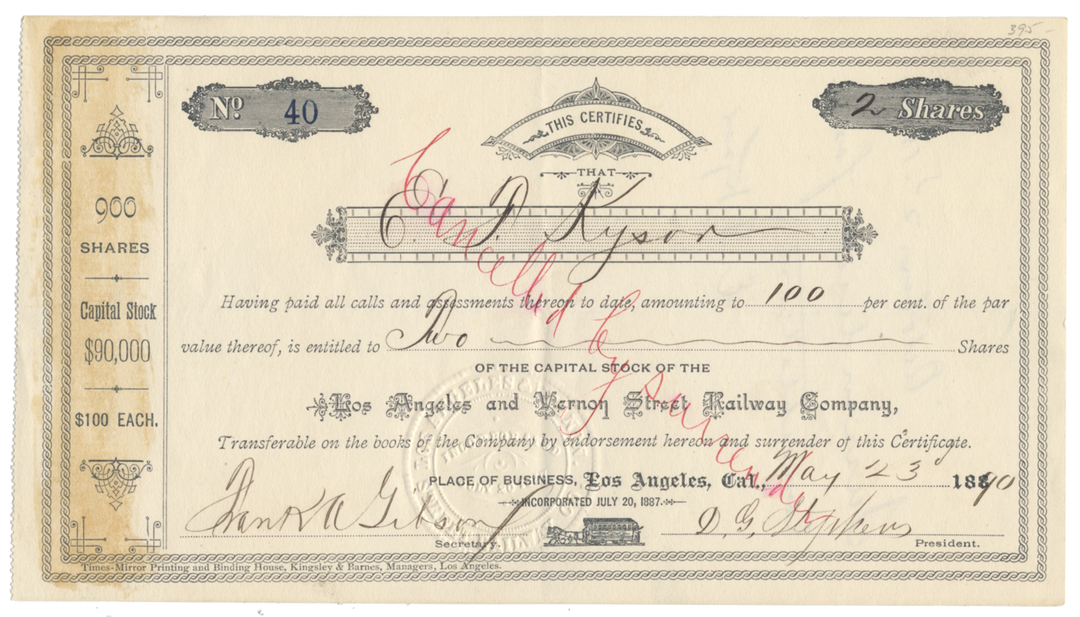 Los Angeles and Vernon Street Railway Company Stock Certificate