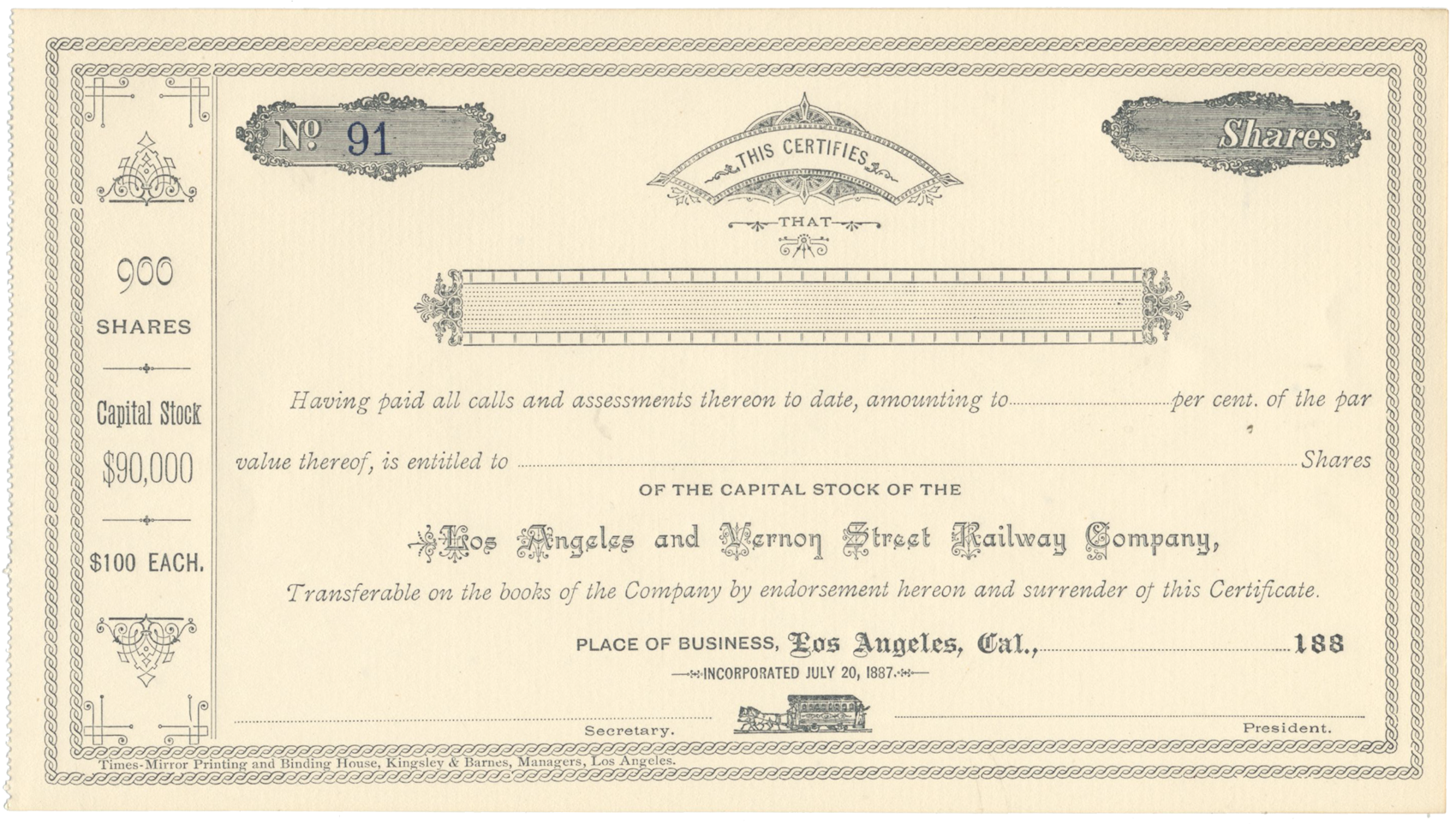 Los Angeles and Vernon Street Railway Company Stock Certificate