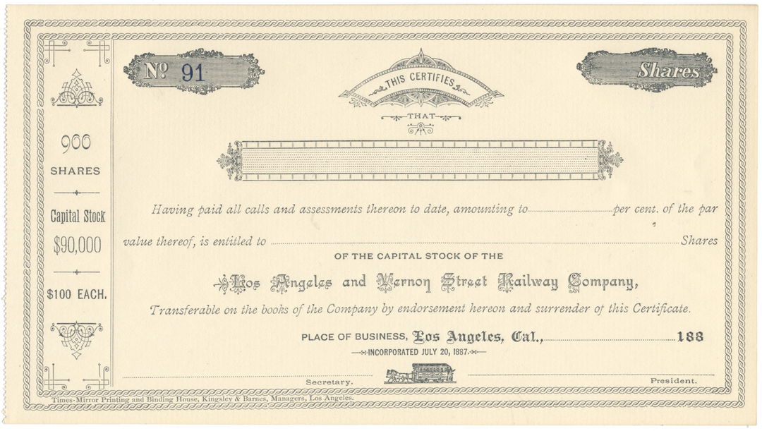 Los Angeles and Vernon Street Railway Company Stock Certificate