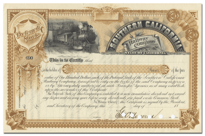 Southern California Railway Company Stock Certificate