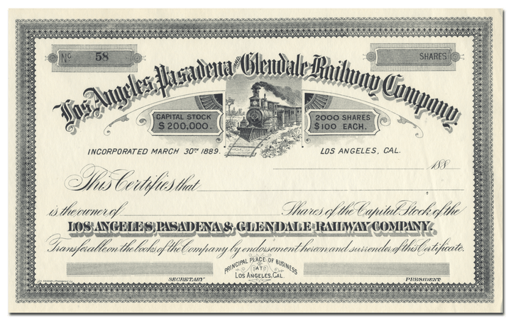 Los Angeles, Pasadena and Glendale Railway Company Stock Certificate