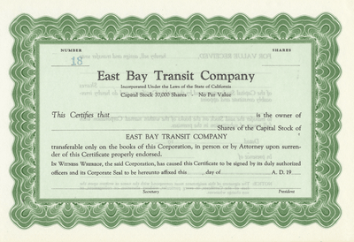 East Bay Transit Company Stock Certificate