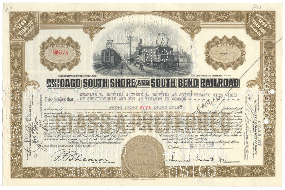 Chicago South Shore and South Bend Railroad Stock Certificate Signed by Samuel Insull, Jr.
