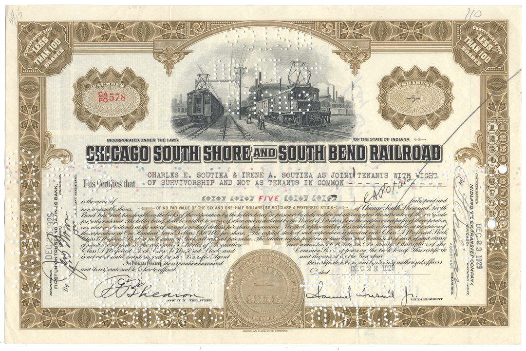 Chicago South Shore and South Bend Railroad Stock Certificate Signed by Samuel Insull, Jr.