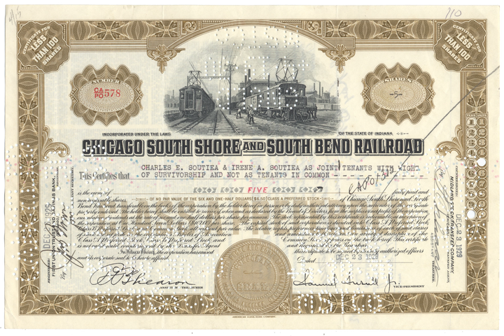 Chicago South Shore and South Bend Railroad Stock Certificate Signed by Samuel Insull, Jr.