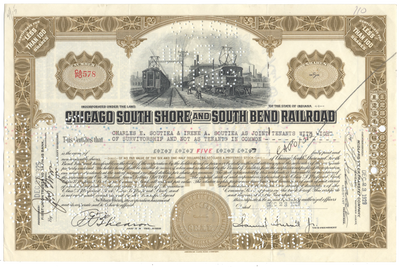 Chicago South Shore and South Bend Railroad Stock Certificate Signed by Samuel Insull, Jr.