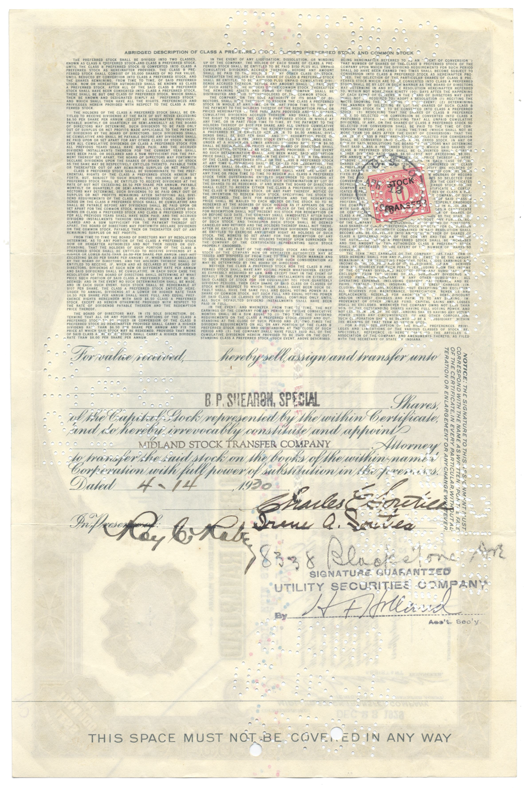 Chicago South Shore and South Bend Railroad Stock Certificate Signed by Samuel Insull, Jr.