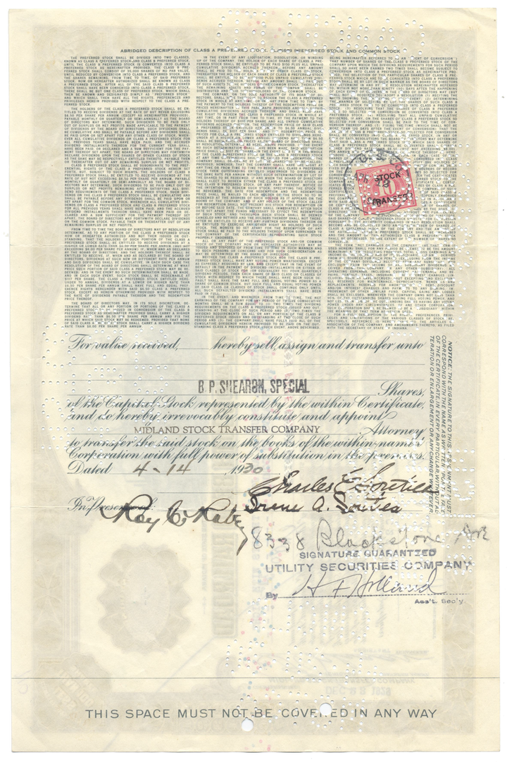 Chicago South Shore and South Bend Railroad Stock Certificate Signed by Samuel Insull, Jr.