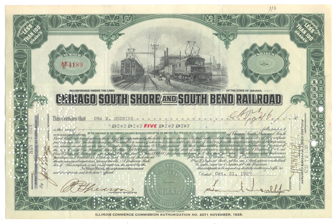 Chicago South Shore and South Bend Railroad Stock Certificate Signed by Samuel Insull, Jr.