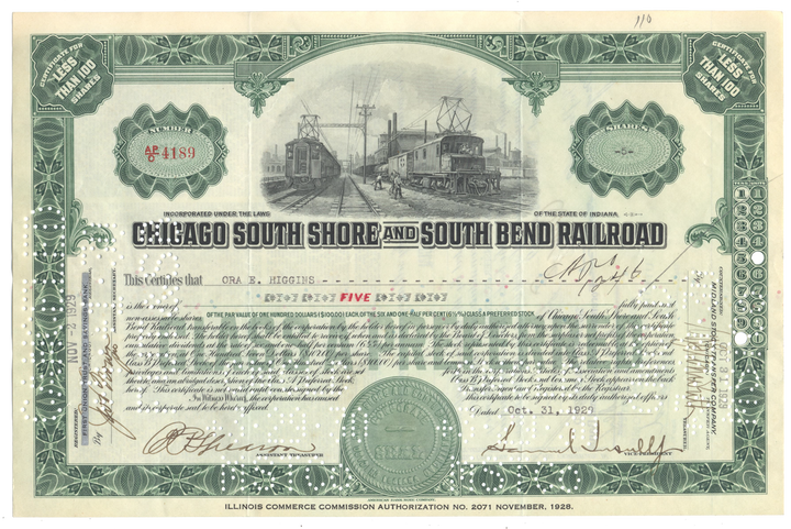 Chicago South Shore and South Bend Railroad Stock Certificate Signed by Samuel Insull, Jr.