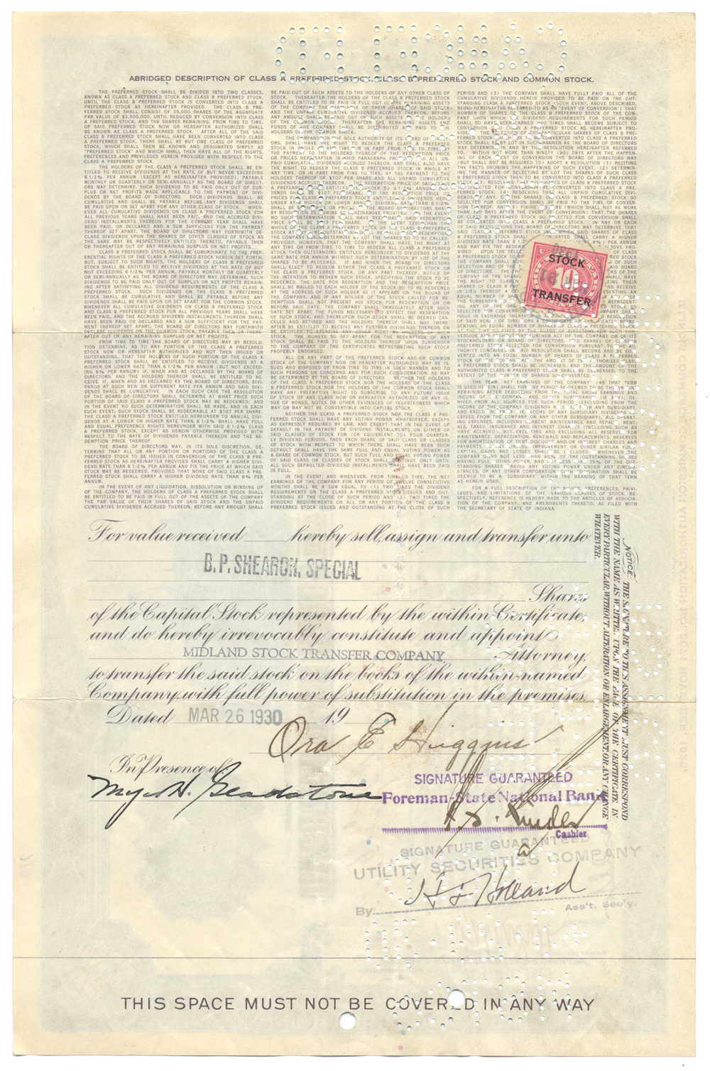 Chicago South Shore and South Bend Railroad Stock Certificate Signed by Samuel Insull, Jr.