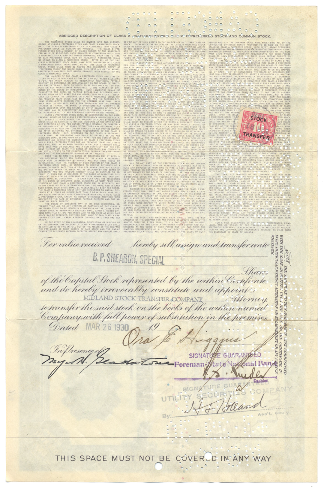 Chicago South Shore and South Bend Railroad Stock Certificate Signed by Samuel Insull, Jr.