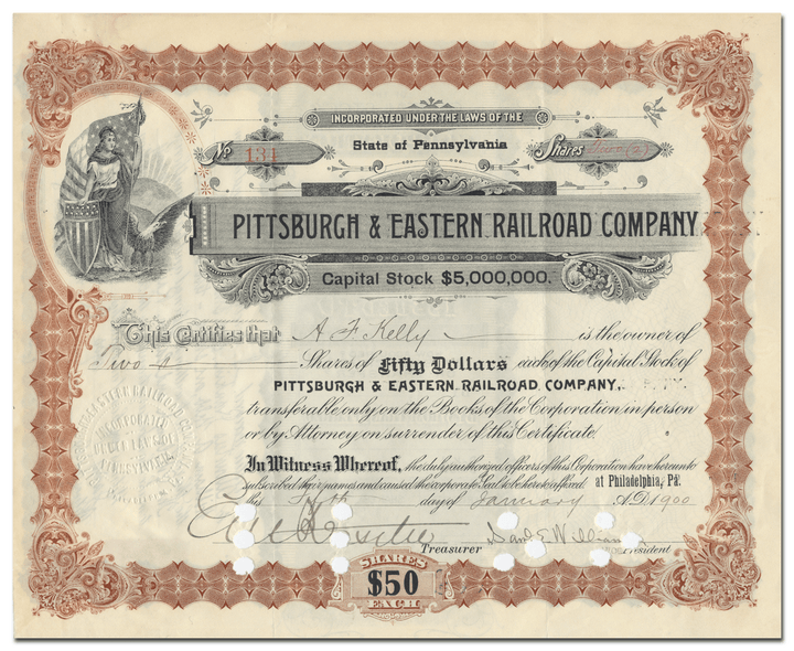 Pittsburgh & Eastern Railroad Company Stock Certificate